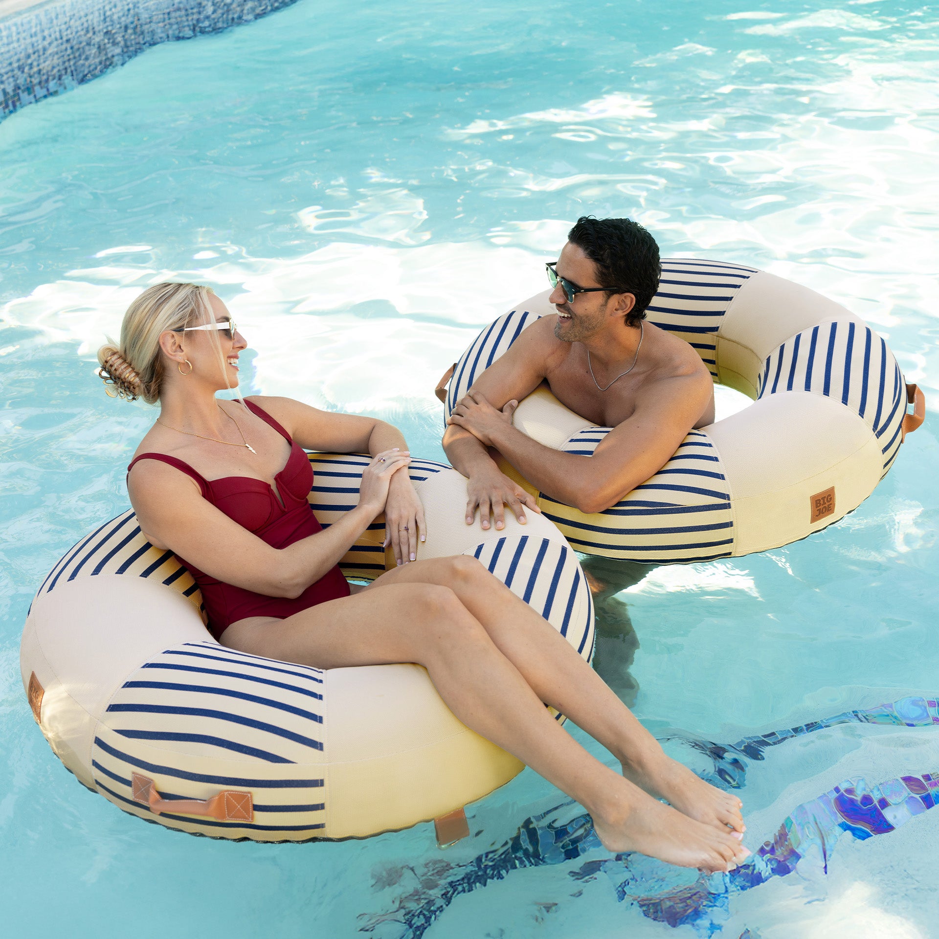 22122206_Big-Joe_Lux-Inflatable-Ring_Inflatable-Pool-FlPistachio_Navy-and-Pistachio-Cape-Stripe_Premier-Mesh_Lifestyle-1 Lux Inflatable Ring - Image 1